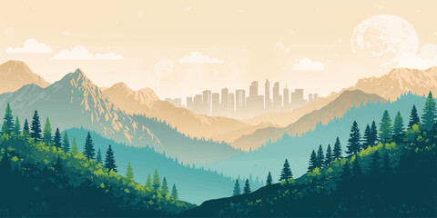 A breathtaking morning view of the misty Alps peak rising above a snowy forest and mountain valley as the sunrise glows through fog and clouds over the winter landscape © NusratJahan