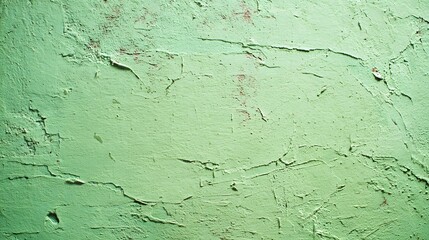 Fototapeta premium Close up of a vibrant green textured wall with peeling paint and cracks.