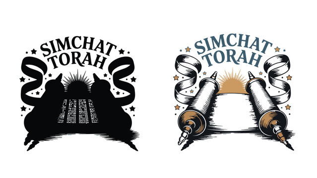 Simchat Torah celebration with traditional Jewish symbols and illustrations