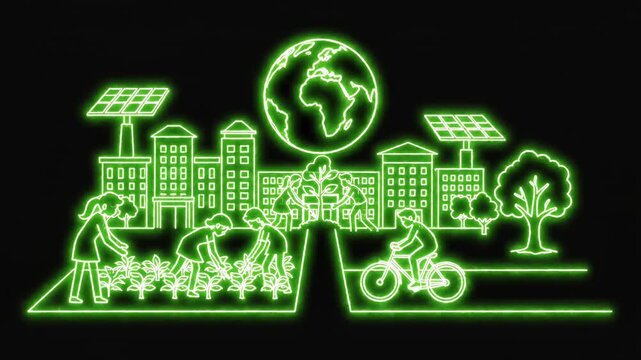 Neon Green Sustainability Scene With Community Planting Trees And Solar City.