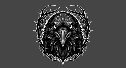 Naklejka premium Black Raven Head Illustration with Ornate Details.