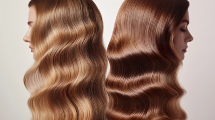 Naklejka premium A before-and-after hair treatment transformation, dry and frizzy to silky smooth, high-resolution beauty advertisement