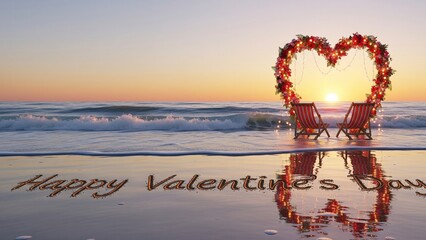 Tropical Valentine Beach Sunset Banner with Sand Message and Floral Heart Arch