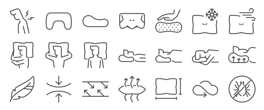Ergonomic Pillow icon set. It included sleep, quality, orthopedic pillow, memory foam, sleeping, and more icons. Editable Vector Stroke.