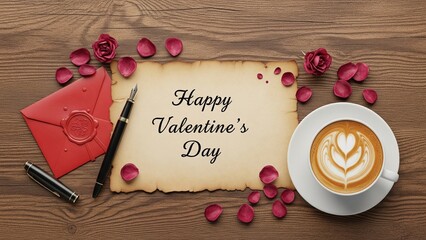 Vintage Valentine Flat Lay with Wax Seal, Coffee, and Parchment Note