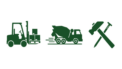 Construction icons including forklift, cement mixer, hammer and screwdriver on white background