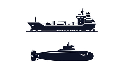 A black silhouette of a submarine and a ship on the water