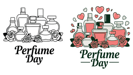A colorful illustration celebrating Perfume Day with various perfume bottles and roses