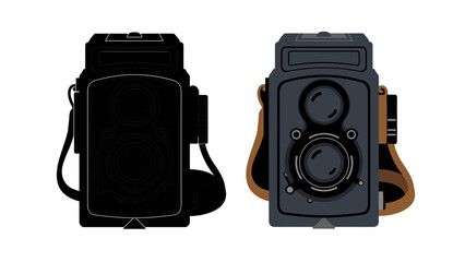 Two vintage cameras with leather straps on a white background
