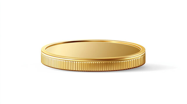 Golden coin lying flat on a white background with a reflective surface and detailed edge texture