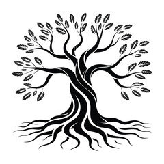 Obraz premium Powerful black silhouette of a tree with sprawling roots and many detailed leaves on white background