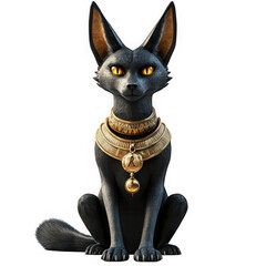 Stylized 3D render of a black cat goddess, Bastet, wearing a golden collar and amulet, Egyptian mythology isolated on transparent background