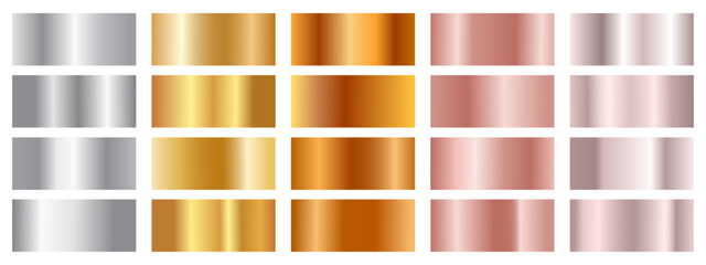 Set of rectangular swatches featuring realistic metallic gradients, including silver, yellow gold, copper, and rose gold finishes with various highlights and shadows