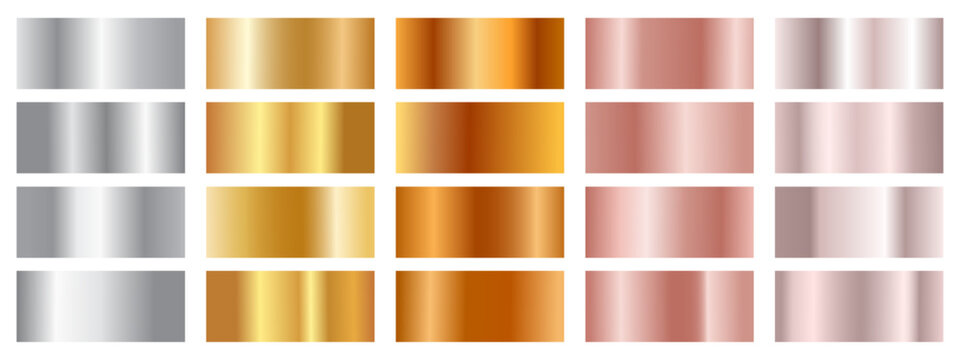 Set of rectangular swatches featuring realistic metallic gradients, including silver, yellow gold, copper, and rose gold finishes with various highlights and shadows