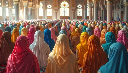 Obraz premium A vibrant gathering of women in colorful headscarves praying in a mosque.