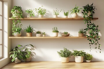 Cozy green home interior indoor plants shelf picture