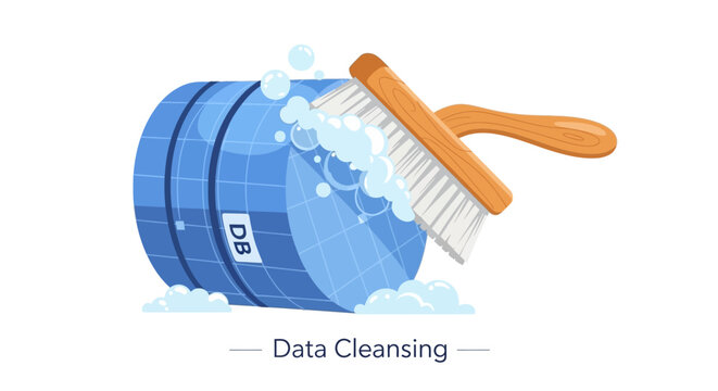 Data Cleansing Concept Illustration. Scrub Brush Cleaning a Database Icon for Data Quality Management, Validation, and Maintenance in IT Infrastructure.