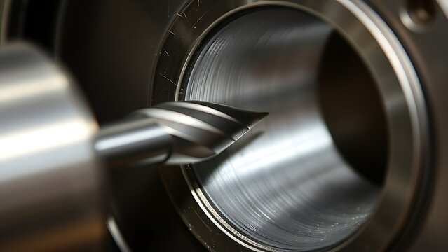 reamer. Close-up of a tool machining a metal cylinder, industrial detail. safety posters, maintenance manuals, designed for precision metalworking and fabrication facilities, improves efficiency.