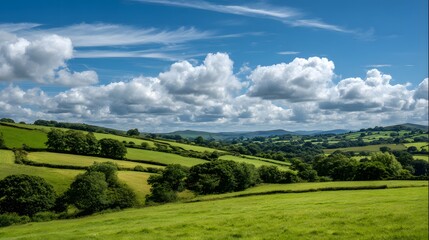 Obraz premium Lush Green Rolling Hills and Valleys Under a Bright Blue Sky with Fluffy White Clouds.