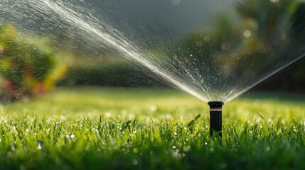 Water spray from lawn sprinkler nourishing green grass under sunlight.