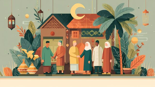 An illustration of a gathering with cultural diversity, with a house and decorative elements, possibly for a celebration.