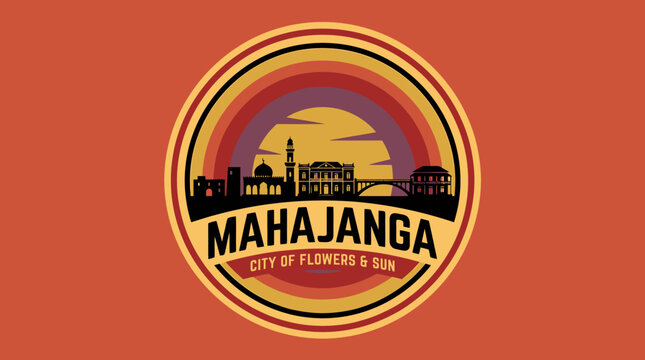 Retro Emblem of Mahajanga City Featuring a Stylized Sunset, Silhouette of Buildings, and Text 'City of Flowers & Sun' on an Orange Background