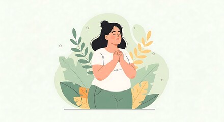 Affectionate mother holding baby in pastel leafy illustration.