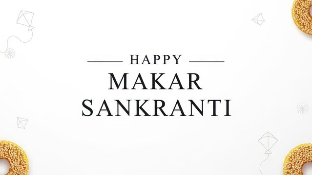 Happy Makar Sankranti greeting card, Indian harvest festival background with til gul laddu and kite illustrations, elegant white festive banner