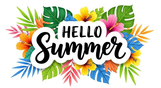 Vibrant hello summer graphic with tropical leaves and flowers