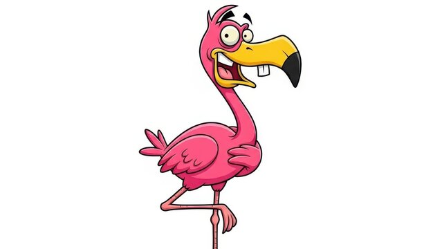 Funny cartoon flamingo character standing on one leg with a big smile and buck teeth, depicted in a vibrant pink and yellow color palette, isolated on a white background.