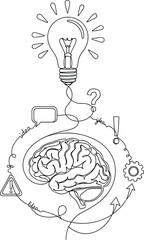 Brainstorming Process: Lightbulb Idea Flow Connected to Brain and Symbols, Continuous Line Drawing