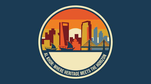 Al Khor city travel sticker design featuring a modern waterfront skyline with traditional dhow boats and a vibrant sunset