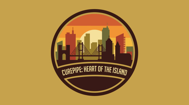 Downtown Cityscape Silhouette with Sunset and "CUREPIPE HEART OF THE ISLAND" Text Emblem