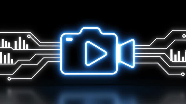 Neon video icon with circuit lines futuristic imagery.