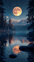 Fantasy moon night landscape with lake reflection and mountains image