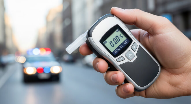 Hand holding a breathalyzer device displaying 0.00% alcohol level with police car lights flashing in the background on a city street