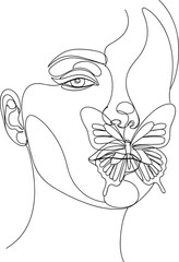 Continuous Line Drawing of Woman's Face with Butterfly on Mouth, Minimalist Vector Art