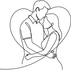 Couple Hugging in Heart Shape Outline, Romantic Embrace, Love Symbol, Minimalist Line Art, Stock