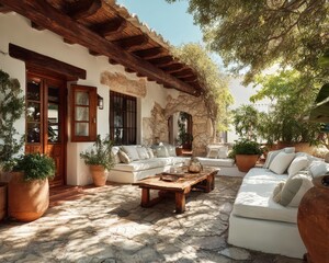 Fototapeta premium Mediterranean style villa patio offering outdoor summer relaxation