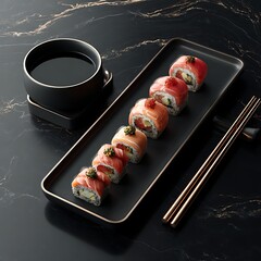 Fresh salmon sushi rolls minimalist Japanese food styling image