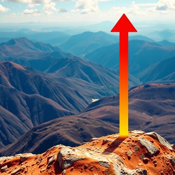 Arrow pointing downward from a high point to a lower level, decline, downward arrow