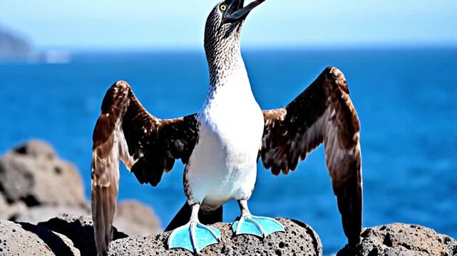 Blue-footed booby performing goofy courtship dance on rocky cliff.