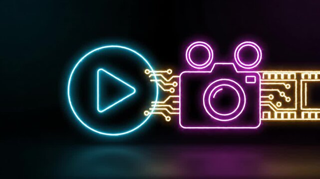 Neon Play Icon And Camera Motion Visual.