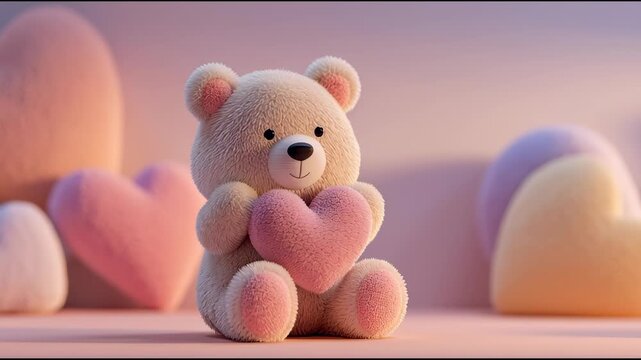 Adorable teddy bear holding heart amidst pastel hearts and soft shapes in a serene environment from a front viewpoint