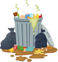 Overflowing Trash Can with Flies and Garbage Bags