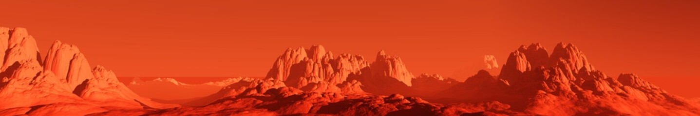 Fototapeta premium Mars at sunset, panorama of Mars, alien landscape, a panorama of a surface of another planet, 3D rendering