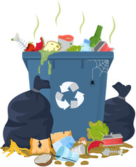 Overflowing Trash Can with Flies and Garbage Bags