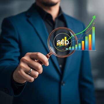 Businessman analyzing seo strategy with magnifying glass and bar graph showing search engine optimization growth and online marketing success