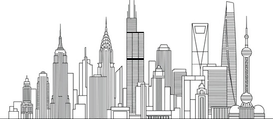 Diverse City Skylines Outline Vector Art, Iconic Buildings Montage, Global Architecture