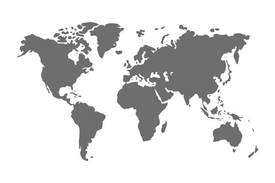 Grey world map template, blank continents layout with clean outlines, modern minimal geographic background, global travel and business concept, professional neutral tone, high quality vecto